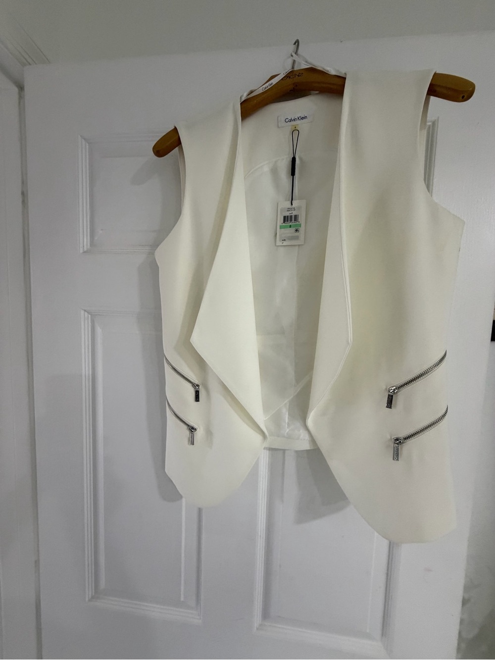 Calvin Klein Off-White Sleeveless Draped Vest with Silver Zips NWT
